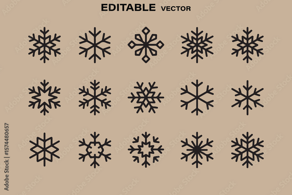 Aufkleber collection of diverse black snowflake icons with clean lines on a muted beige background editable ve
