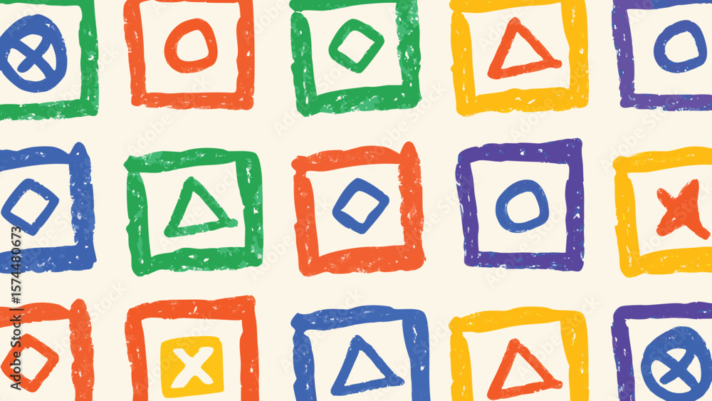 Poster colorful squares containing geometric shapes arranged in a grid pattern on a white background