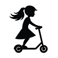 Black silhouette of a girl with a ponytail riding a scooter child