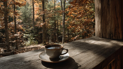 steaming cup of coffee sits elegantly on rustic wooden table framed by breathtaking autumn forest