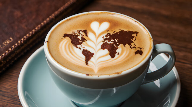 A cup of latte with world map latte art and a heart shape on top, placed on a wooden table