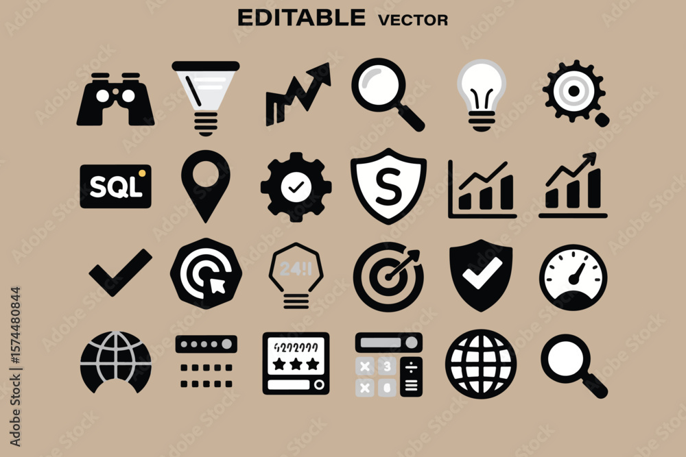 Poster collection of diverse business and technology icons including charts graphs security and data proces