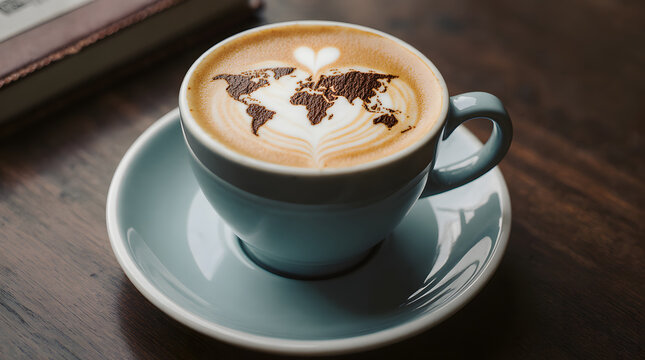 A cup of latte with world map latte art and a heart shape on top, placed on a wooden table