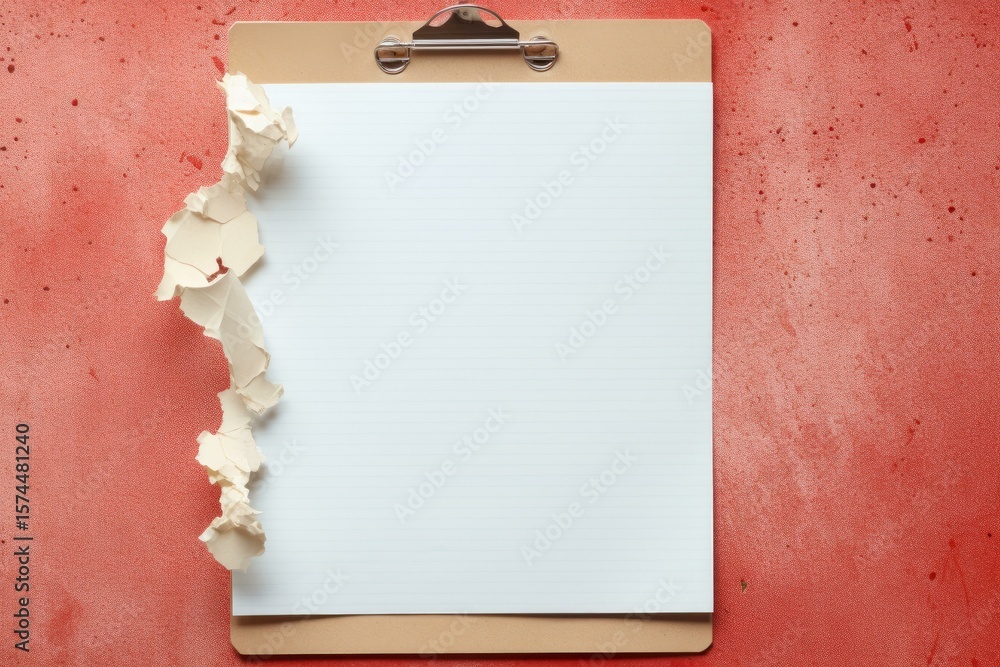 Poster blank notepad page on clipboard with torn paper on textured red background, creating space for text 