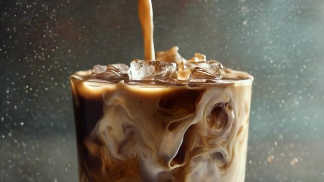 Iced Coffee Pour: The artistry of refreshment, an exquisite cascade of coffee and creamer swirls over ice in a chilled glass, invoking a moment of cool bliss.