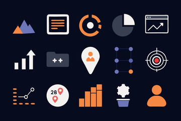 Data Analytics Flat Icon Set – Database, Statistics, Monitoring, Research, Management, Charts, Reports & Diagrams