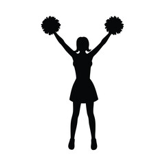 Black silhouette of a young woman cheering with pom poms raised arms