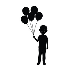 Black silhouette of a smiling child holding a bunch of balloons girl