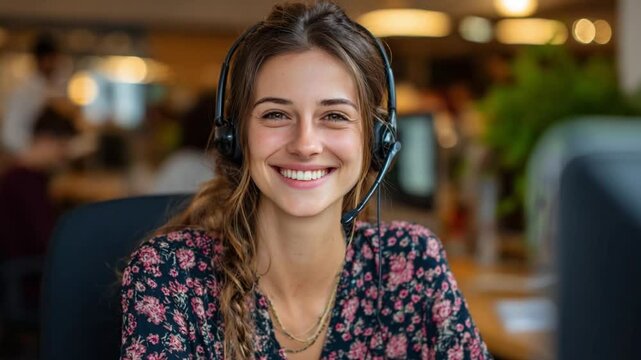 Smiling Customer Service Representative in an Office: A cheerful, smiling customer service representative, wearing a headset, embodies professionalism, with the office in a bokeh.