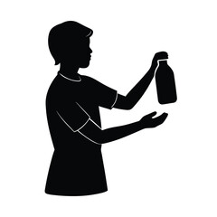 Black silhouette of a person holding a water bottle with outstretched hand drink