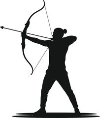 A silhouette of an archer aiming with a bow and arrow, isolated on white background