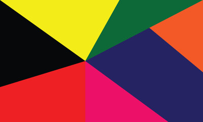 Colorful abstract geometric background with bold triangular shapes converging at the center. Features vivid colors like red, yellow, blue, green, and black. Ideal for modern design projects.