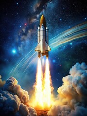 A rocket with a bright flame blasting off into the starry sky against a dark blue background