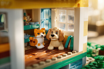 capture whimsical scene featuring both cats and dogs engaging in playful interaction in cozy living room