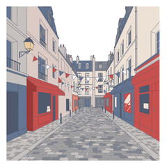 Perspective view down a narrow city street lined with colorful buildings and festive flags