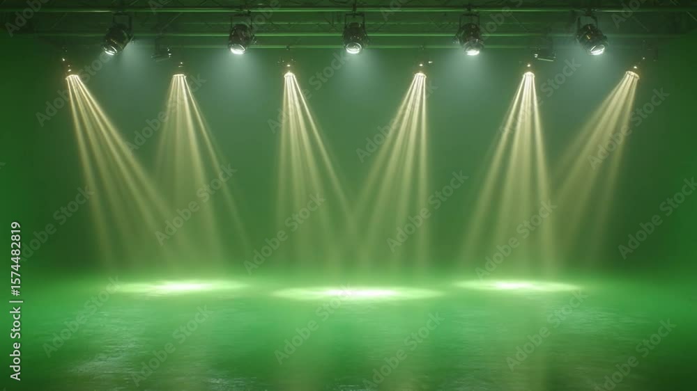 Poster illumination of the stage: a mesmerizing display of powerful spotlights illuminate the empty stage w