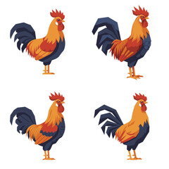 Four polygonal roosters with vibrant colors on a white background