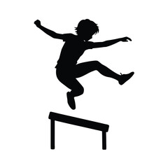 Black silhouette of a young person jumping over a hurdle on a white background obstacle
