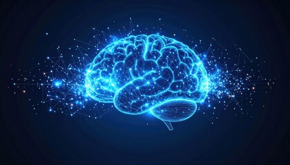 A glowing blue brain composed of interconnected lines and dots, symbolizing neural connections and technology