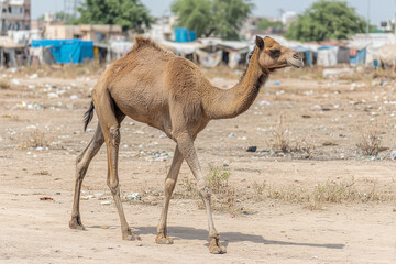 a camel walking in the dirt near a building and trees in the background with a few buildings in the distance