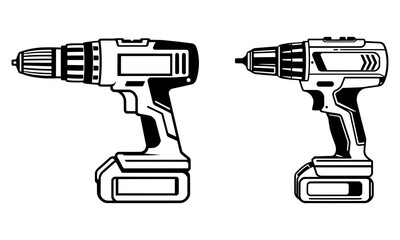 Black and white cordless power drill logo with battery pack isolated on white or transparent background