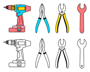 Vector graphic illustration set of outlined and colorful construction tools - drill pliers wrench