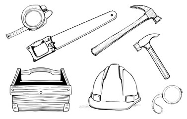 Hand drawn vector sketch of construction tools including hard hat, wooden toolbox, hammer, saw, retractable tape measure
