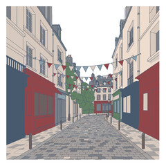 Colorful street scene with buildings flags brick road and trees