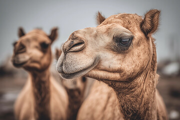 a camel with a sad look on its face and nose, with other camels in the background