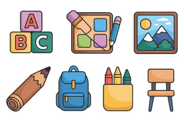 Colorful outline fill icons for preschool, alphabet blocks, toy puzzles, picture cards and tiny backpack

