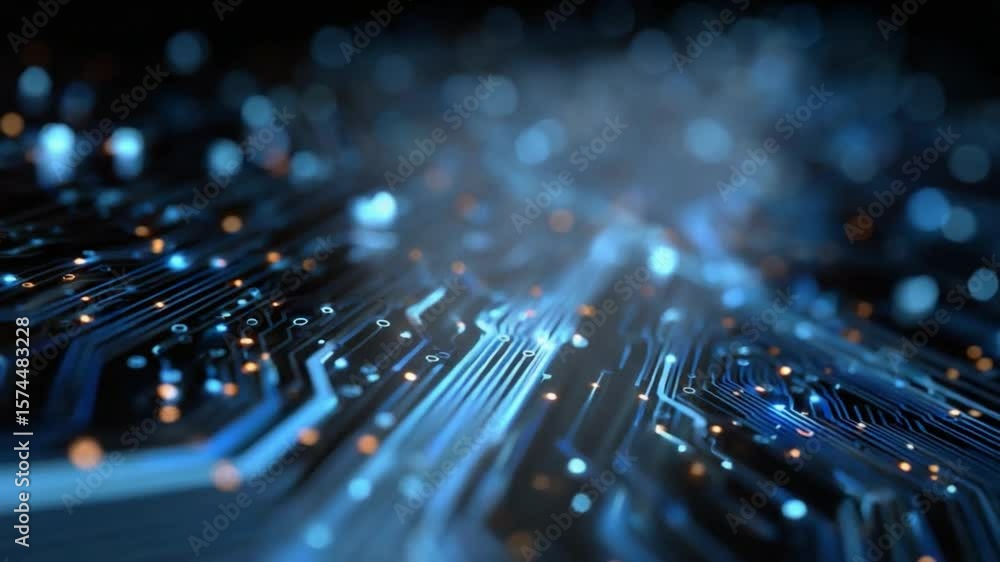 Poster circuit board abstract: intricate pathways of a circuit board glow with an ethereal blue light, sugg
