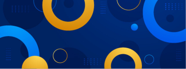 Obraz premium Abstract design with blue and gold circles on dark blue background. Geometric pattern suitable for branding, backgrounds, digital art projects.