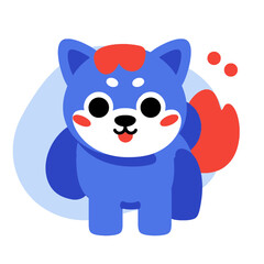 A cartoonish blue doglike creature with a red tail and facial features stands against a light blue background
