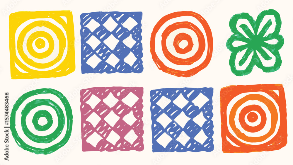 Poster assorted colorful shapes including circles squares and a flower arranged on a light background