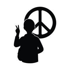 Black silhouette of person with peace sign and victory gesture on white peace symbol
