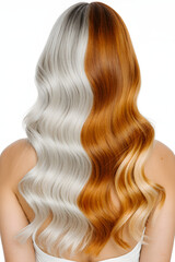 Naklejka premium A person with long wavy hair dyed half orange and half purple, viewed from the back against a plain background
