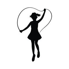 Black silhouette of a girl skipping rope on a white background jump rope child