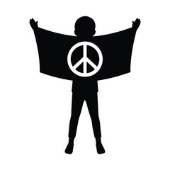 Black silhouette of young person holding white peace sign flag child