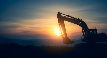 Silhouette of excavator at sunset