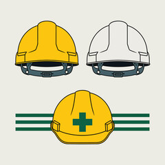 Construction safety hard hats in yellow and white with medical cross emblem