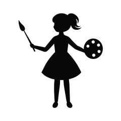 Black silhouette of a girl holding a paintbrush and artist palette child painting