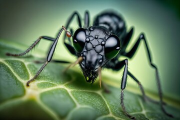 Fototapeta premium A black ant resting on green leaf. Portrait, macro, closeup of a large black ant. Close up of the black ant on the green leaf in forrest
