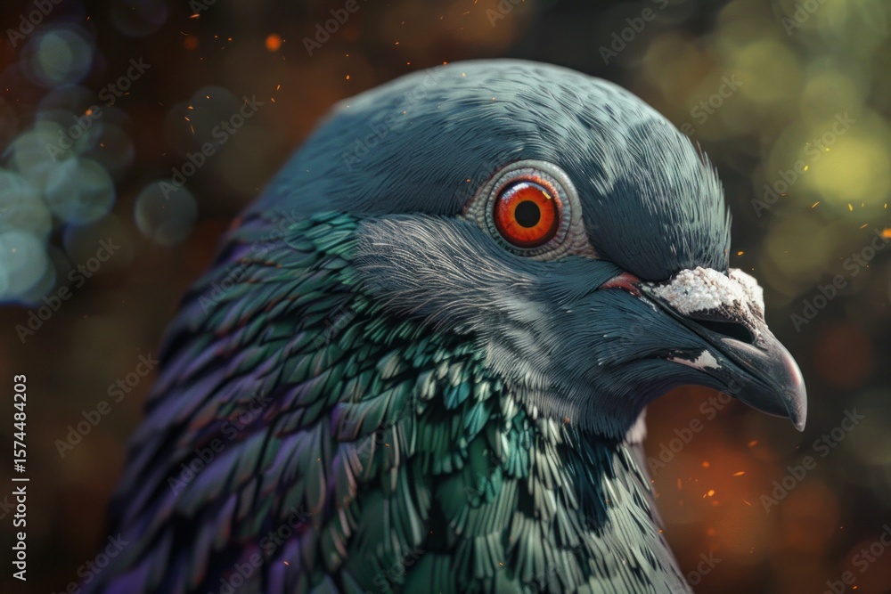 Poster portrait of a pigeon with striking iridescent feathers and intense red eye, creating a captivating i