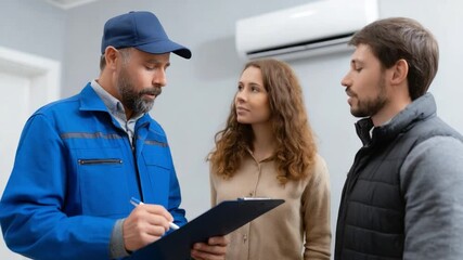 Technician Consulting Homeowners: A professional technician consults with a couple about their home air conditioning unit, providing expert advice and solutions.