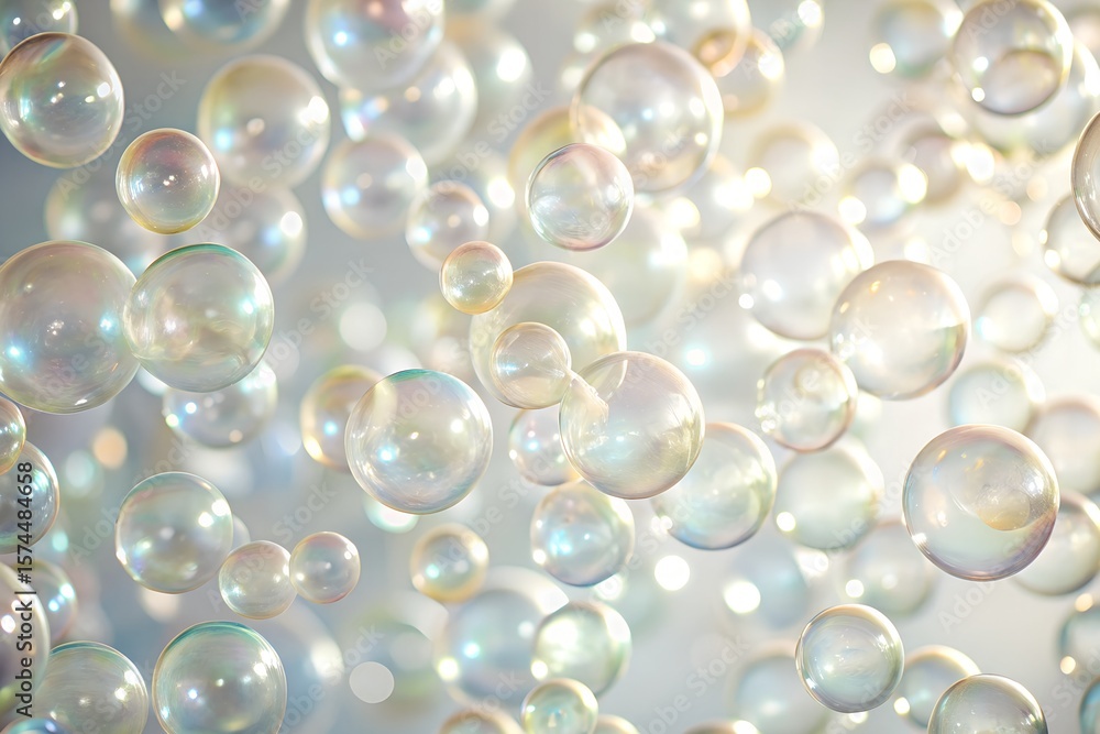 Fototapete Abstract background of iridescent soap bubbles floating in the air soft light