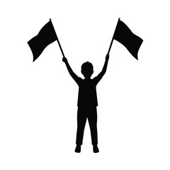 Silhouette of a person holding up two black flags against a white background vector