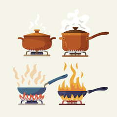 Four cooking pots and pans on gas stoves with steam and flames