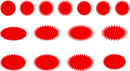 red starburst. Sale sticker sign. sunburst badges icons. Special offer price tag. Red starburst promotional badge set. shopping labels