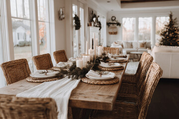 capture minimalist atmosphere of christmas celebration in usa featuring elegantly set festive tables