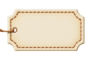 A blank vintage paper or leather tag with a stitched border and string, isolated on a light grey background.